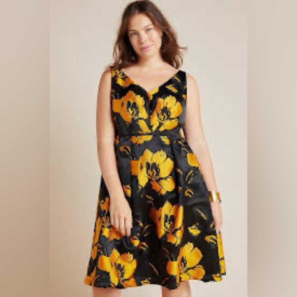 Anthropologie Eileen Jacquard Vestido Golden Floral Midi A Line Dress Sz 12p
